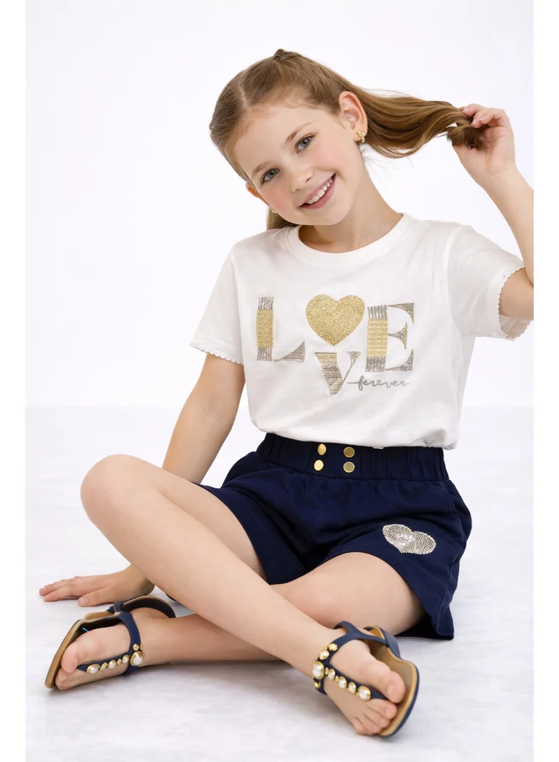 victor and jane Girls 2Pc Set Sequin “Love Forever” T-Shirt & Shorts Set – White & Navy